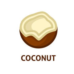 Healthy tropical food. Exotic nut. Coconut icon. Summer illustration about coco milk
