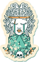 crying elf barbarian character with natural one D20 roll illustration