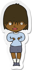 sticker of a cartoon woman making Who Me gesture