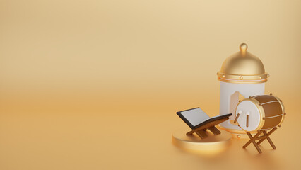 Islamic decoration golden background with mosque, bedug and quran for ramadan kareem, mawlid, iftar, isra miraj, eid al fitr adha, muharram 3d illustration