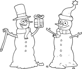 black and white cartoon snowmen exchanging gifts