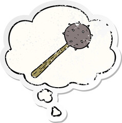 cartoon mace and thought bubble as a distressed worn sticker