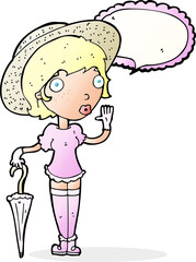 cartoon woman in summer hat waving with speech bubble