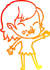 warm gradient line drawing cartoon vampire girl with blood on cheek