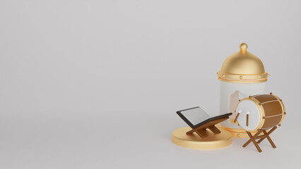 Islamic decoration background with mosque, bedug and quran for ramadan kareem, mawlid, iftar, isra miraj, eid al fitr adha, muharram 3d illustration