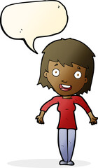 cartoon woman shrugging shoulders with speech bubble