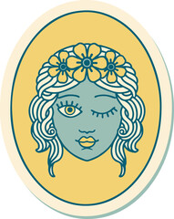 tattoo style sticker of a maiden with crown of flowers winking