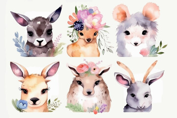 Fototapeta set of funny cartoon animals, watercolor design, vector obraz