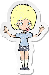 retro distressed sticker of a cartoon woman explaining her point