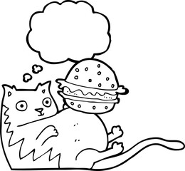 thought bubble cartoon fat cat with burger