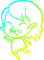 cold gradient line drawing cartoon vampire girl with blood on cheek
