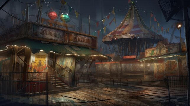 Creepy, Abandoned and Haunted Amusement Park, Fairground, Circus, Digital Illustration, Concept Art, Generative AI