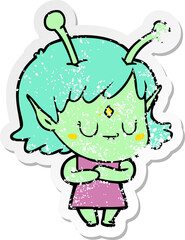 distressed sticker of a cartoon alien girl