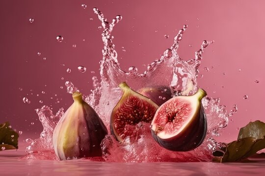 Fresh figs and water Splashing on a pink background illustration generative ai