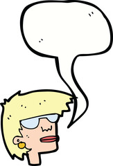 cartoon female face with glasses with speech bubble