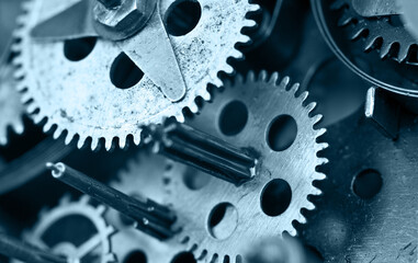 Monochrome Metal Cogwheels Inside Old Clockwork to conceptual working. Tint