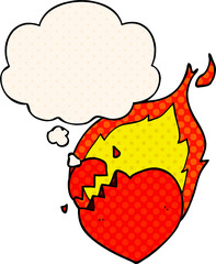 cartoon flaming heart and thought bubble in comic book style