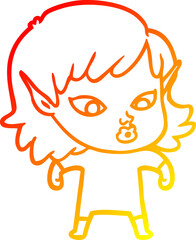 warm gradient line drawing pretty cartoon elf girl