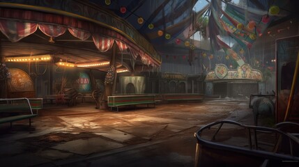 Creepy, Abandoned and Haunted Amusement Park, Fairground, Circus, Digital Illustration, Concept Art, Generative AI