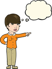 cartoon woman pointing finger of blame with thought bubble