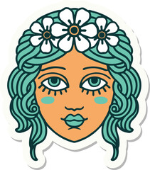 tattoo style sticker of female face with crown of flowers