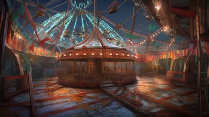 Creepy, Abandoned and Haunted Amusement Park, Fairground, Circus, Digital Illustration, Concept Art, Generative AI