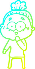 cold gradient line drawing cartoon happy old woman
