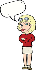 cartoon woman with crossed arms and safety goggles with speech bubble