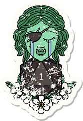 crying half orc rogue character with natural one D20 roll grunge sticker