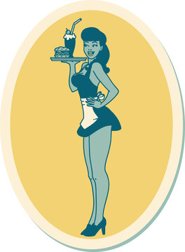 tattoo style sticker of a pinup waitress girl