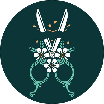 tattoo style icon of a barber scissors and flowers