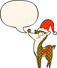 cartoon christmas reindeer and speech bubble in comic book style