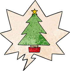 Fototapeta premium cartoon christmas tree and speech bubble in retro texture style