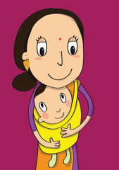 An Indian woman carrying a baby in a yellow carrier.