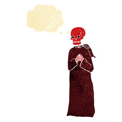 cartoon spooky skeleton in robe with thought bubble