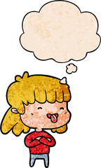 Obraz premium cartoon girl sticking out tongue and thought bubble in grunge texture pattern style