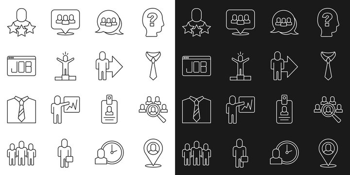 Set line Worker location, Magnifying glass for search job, Tie, Project team base, Productive human, Search, and Leader of of executives icon. Vector