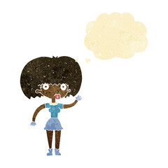 cartoon woman waving with thought bubble