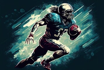 American football player running through rugby field. Generative Ai.	