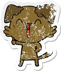 distressed sticker of a happy little dog cartoon