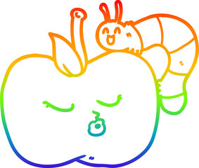 rainbow gradient line drawing cartoon pretty apple and bug