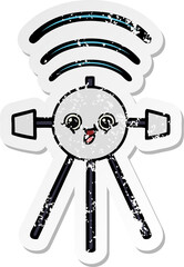 distressed sticker of a cute cartoon satellite