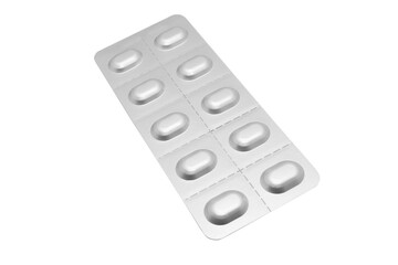 Macro shot pile of tablets pill in silver blister packaging isolated on white background. Aluminium foil blister pack. Pharmacy products. Medicine pills and drugs close up. Pills background