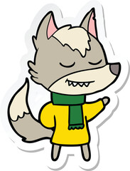 sticker of a friendly cartoon wolf wearing scarf