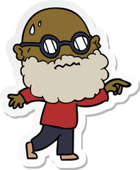 Obraz premium sticker of a cartoon worried man with beard and spectacles pointing finger