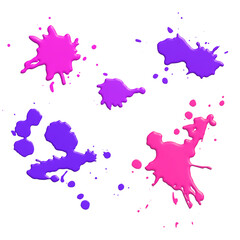 Abstract 3D illustration set with realistic magenta and purple ink drops splashing and splattering over grunge textures. Creative and modern design elements isolated on a black backdrop. Wet inkblots 