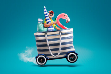 Happy senior man riding a beach bag