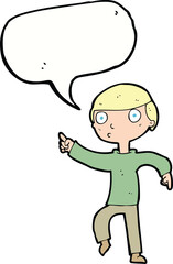 cartoon boy pointing with speech bubble