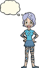 cartoon woman with heavy tattoos with thought bubble
