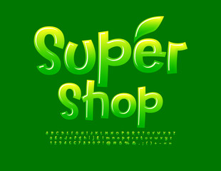 Vector advertising promo Super Shop with Decorative Leaf. Green gradient Alphabet Letters, Numbers and Symbols. Playful style Font